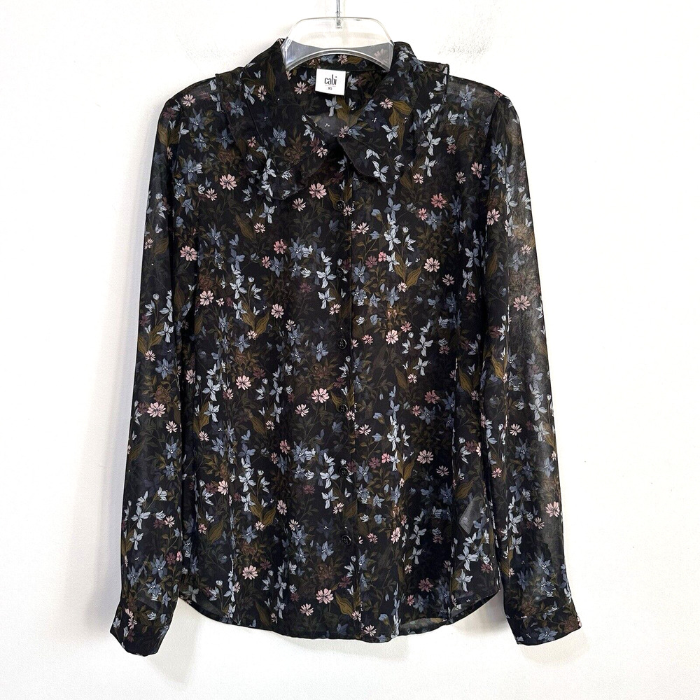 CAbi‎ #3593 Floret Blouse Black Sheer Hillside Floral Size XS Long Sleeve Top